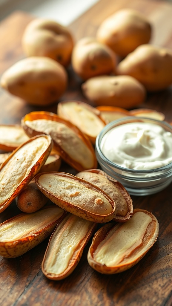 Fresh potato skins on a wooden table, with whole potatoes and a bowl of potato mask.